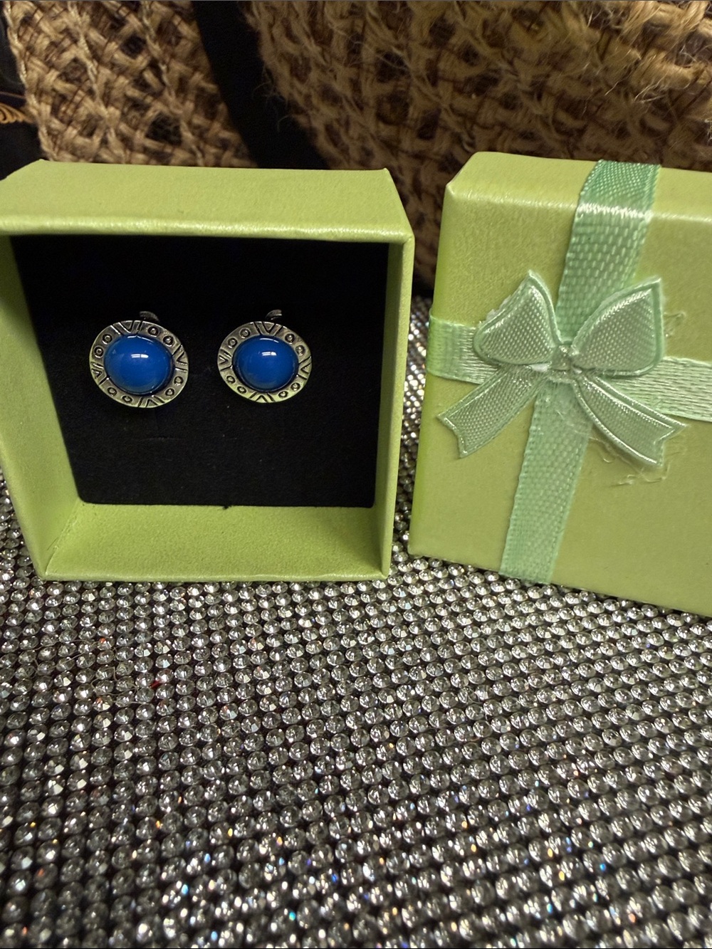Blue Stone Round Stud Earrings with Silver-Tone Detail